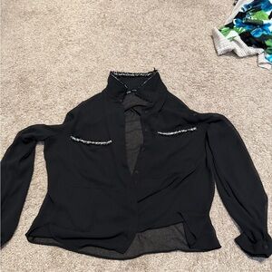 Black Long-Sleeve Button Front Top with Trim Detail
